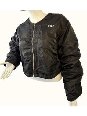 HUF Cropped Bomber Jacket Womens S Black Full Zip Orange Lining Streetwear Skate